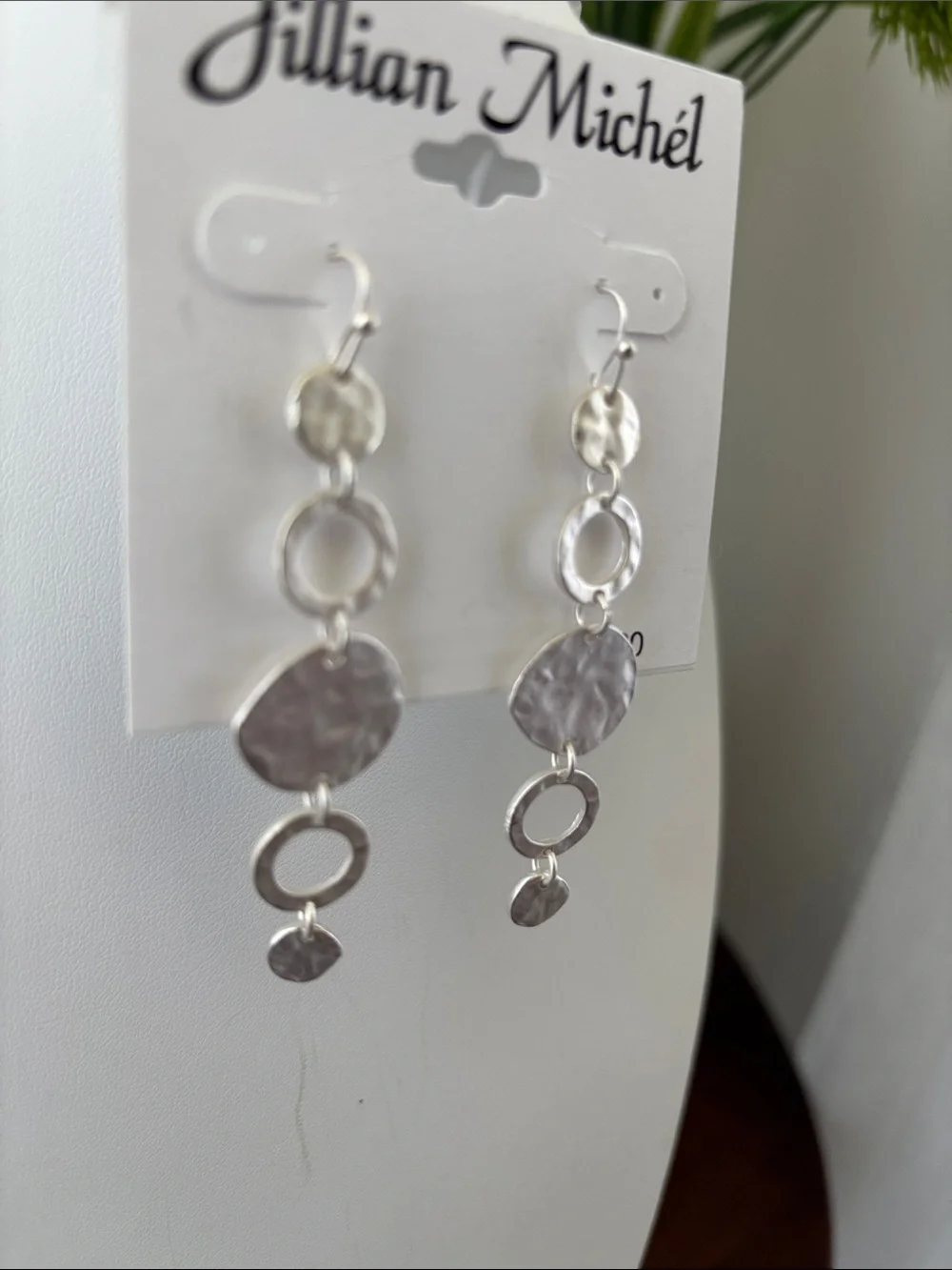 Jillian Michel hammered silvertone metal circular rings & discs,dangle,fishhook